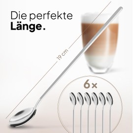 JODORA Design Latte Macchiato Spoon 19 cm - 6 Long Spoons Matte Silver - High-Quality Coffee Spoon Long Made of Rustproof Stainless Steel - Sturdy Ice Cream Spoon Dishwasher Safe