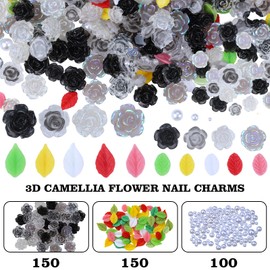 400 Pieces Camellia Flower Nail Charms for Acrylic Nails 3D Rose Floral Nail Gems Pink Leaf Nail Accessories White Pearls Nail Supplies for Women Nail Art Design (Black)
