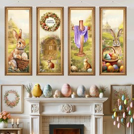 Aovaely 4 Packs Easter Banner Decorations, Vintage Easter Party Decorations with Bunny Egg Wreaths Religious Hanging Banner for Farmhouse Front Porch Home Outdoor Indoor Wall Decor