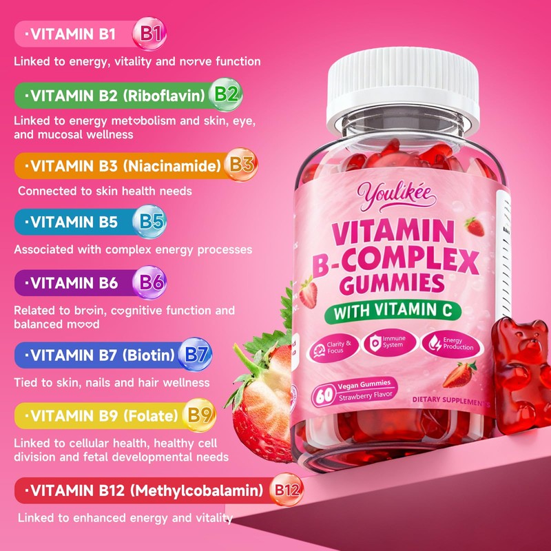 Youlikee Vitamin B-Complex Gummies for Women & Men, Methyl B12,