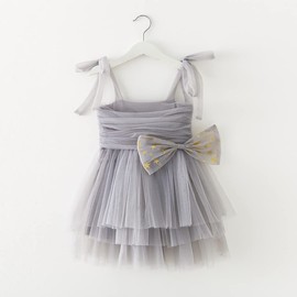 IDOPIP Baby Girls Tutu Dress Summer Sleeveless Princess Birthday Party Tulle Dresses Boho Rainbow Sundress Toddler Little Girl First Communion Pageant Wedding Gown Clothes Gray Bow 2-3 Years