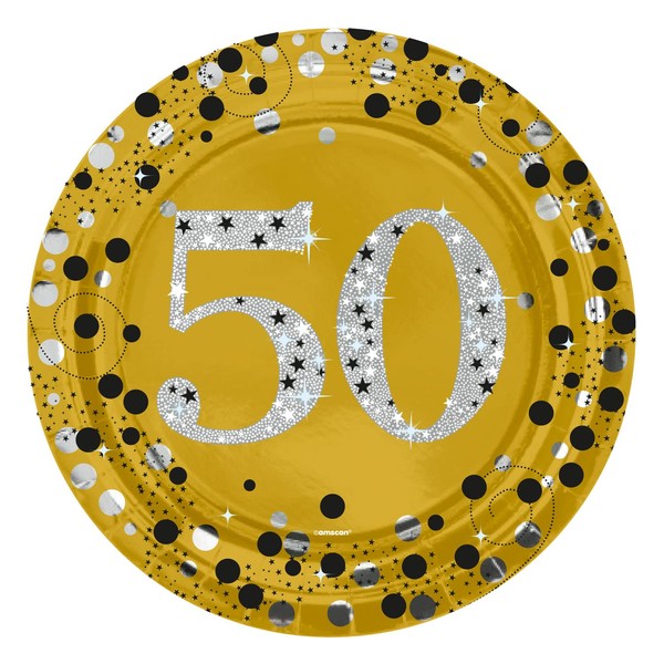 Amscan 9912600 - Sparkling Celebration Gold 50th Birthday Party Plates - 8 Pack,23 centimeters, Yellow