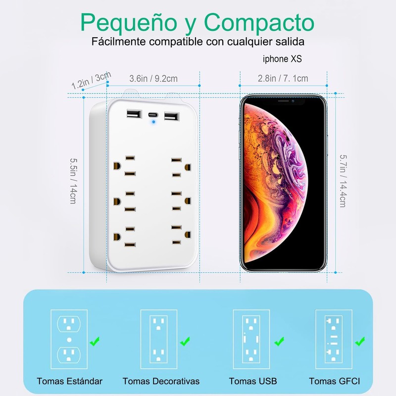 Multicontacto de Pared 6 Tomas con 3 USB, Protección Contra