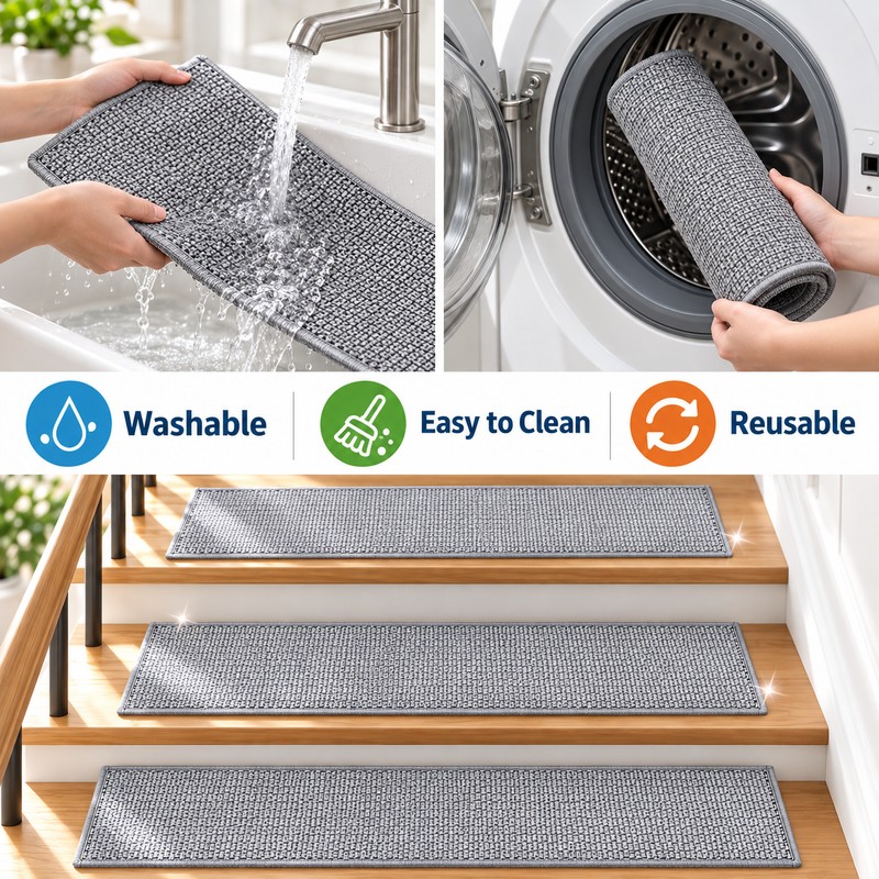 Non-Slip Stair Treads for Indoor Steps – Washable Imitation Linen