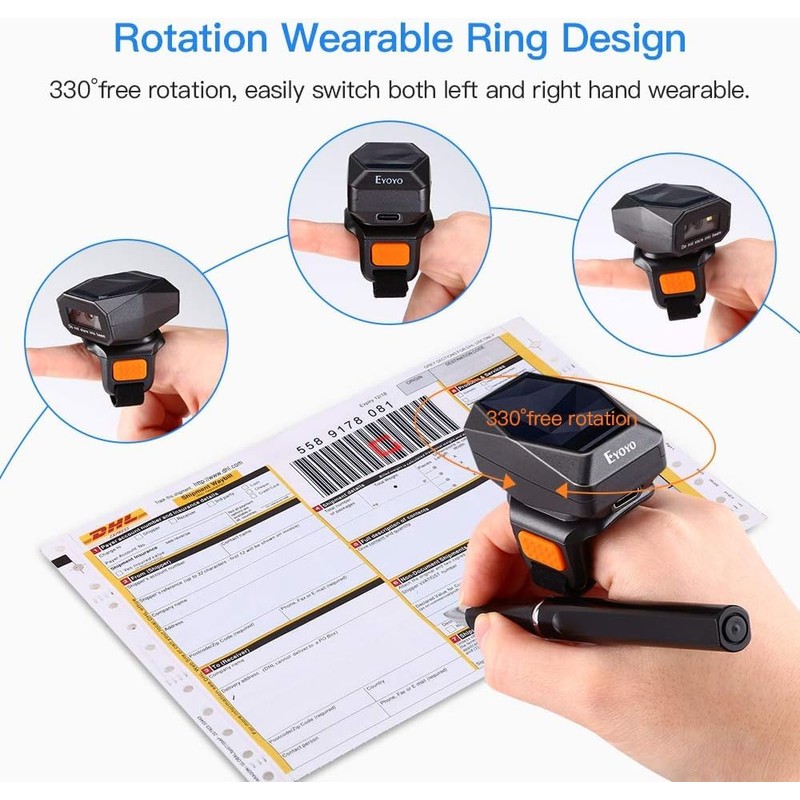 Eyoyo Wearable Finger Ring Barcode Scanner, 3-in-1 Mini USB Wired
