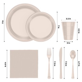 Party Solids 350 Pcs Ivory Plastic Plates For Party, Ivory Disposable Plates Set, 50 Of Each 9" Dinner Plate Set, 7" Dessert Plate, Cups, Napkins & Cutlery Plastic Dinnerware Party Solids