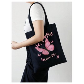 SHENHE Women's Linen Tote Bag Butterfly Patterned Grocery Shopping Travel Reusable Shoulder Bag, Black, One Size