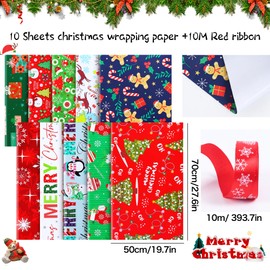 Norvens Christmas Wrapping Gift Paper 10 Sheets of Different Christmas Themed Designs 50x70CM with Red Ribbon for Christmas New Year Birthday Party