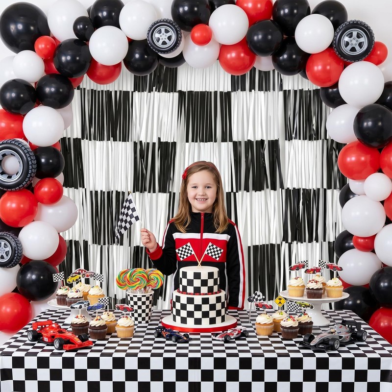 2Pcs Checkered Backdrop- Black White Checkered Backdrop Foil Streamer 1x