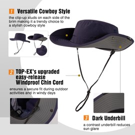 TOP-EX UPF 50 Wide Brim Sun Hat for Men Large Head Waterproof Breathable Bucket Hats for Hiking Fishing Travel Safari Walking Summer Sun Protection Foldable Outdoor Sun Hat for Big Heads Navy L/XL