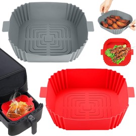 Ausein Paquete de 2 de Silicona para Freidora de Aire, Accesorios Silicon para Air Fryer Reutilizable Antiadherente, Resistente al Calor, Olla Silicona para Freidora, Horno, Microondas (Gris + Rojo)