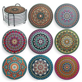 Posavasos Mandala con Soporte - 8 Pcs Posavaso Boho de Cermica para Bebidas, Absorbentes, con Base de Corcho y Soporte Negro - Posavasos para Mesa de 