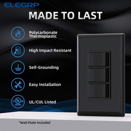ELEGRP Triple Rocker Light Switch, 3 Single Pole, 15A 120V, In-Wall On/Off, Screwless Wall Plate, Self-Grounding, UL Listed (2 Pack, Black)