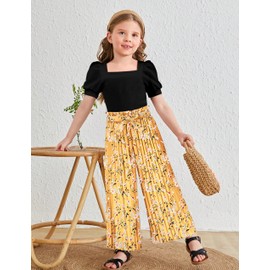 CRISONE Girls Summer Outfits Size 7 8 Kids Girl Clothes Square Neck Short Puff Sleeve Tops + Pleated Floral Print Pants 3pcs Little Girls Clothes Spring Summer Clothing Set