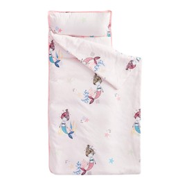 Wake In Cloud - Nap Mat with Removable Pillow for Kids Toddler Boys Girls Daycare Preschool Kindergarten Sleeping Bag, Mermaids on Light Pink, 100% Soft Microfiber
