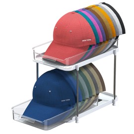 Gomyrod Hat Rack for Baseball Caps, 2-Tier Clear Hat Organizer for Closet Space Saving Hat Storage Holds up to 20 Caps, Pull-Out Cabinet Organiser with Track for Closet & Bedroom