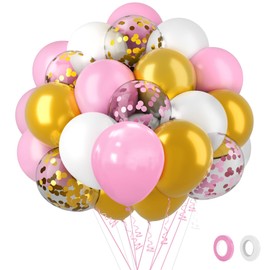 62Pcs Pink and Gold Balloons Set, 12 Inch Pink White Gold Confetti Latex Balloons Kit with Ribbons, Party Balloons Kit for Birthday, Wedding, Bridal Shower, Girl Princess Party Decorations