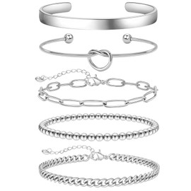 Ahokei Women's Gold Bracelet, 2 Pieces, Titanium Steel Bracelet Set, 18 K Gold Stainless Steel Bracelet, Women's Jewellery, Silver Bangle for Women, 17/18 cm, Valentine's Day for Her Women, Stainless