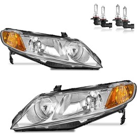 Headlights Assembly for 2006-2011 Honda Civic 4-Door Headlamp Replacement Chrome Housing Driver & Passenger Side