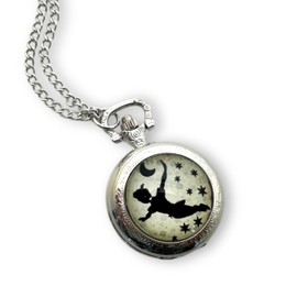 Silver-tone fantasy pocket watch, illustrated pendant necklace, parure « Peter Pan », black, beige, blue (ref.99a)