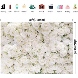 10x8FT Flower Wall Backdrop White Rose Floral Photography Background Girls Birthday Party Wedding Bridal Shower Party Decorations Portrait Photoshoot Banner Photo Booth Props
