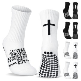 Christian Grip Cross Socks Anti Slip Religious Soccer Socks Bible Verse for Football Sport(White,Philippians 4:13)