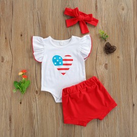 Infant Baby Girl Shorts Outfit Set 4th of July Romper + Bloomer+ Headband Independence Day Summer 3PCS Clothes Sets (American Flag Heart,18-24 Months,)