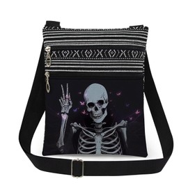 XiaoGalaee Gothic Skeleton Print Women Crossbody Bag - V Gesture Butterfly Design Men Adjustable Shoulder Strap Messenger Bag Birthday Gift Holiday Present​​ for Skull Lover Friend