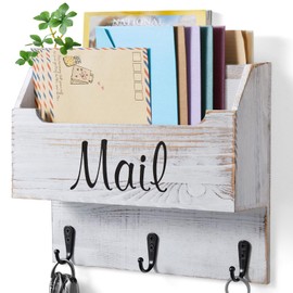 DRASTAR Mail Organizer Wall Mounted, Wooden Mail & Key Holder for Wall, Hanging Mail Organizer, Retro White Mail Basket for Home Office