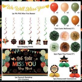 Vlipoeasn Farewell Decorations for Men Women, Colorful Vintage We Will Miss You Party Set with Backdrop Banner Honeycomb Centerpieces Hanging Swirls, Going Away Farewell Decor