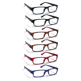 Boost Eyewear Paquete de 6 anteojos de lectura, marcos tradicionales en negro, carey, azul y rojo, con cómodas bisagras con resorte, colores surtidos, 6 pares (3,50, 9, 2, 0, 0, 6)