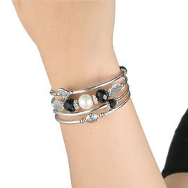 BULINLIN Crystal Beads Layered Bangle Bracelet, Silver Plated Metal Wrap Bracelet with Pearl, Jewellery Gifts for Women Ladies Friends（92-Black）