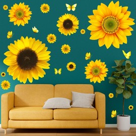 54 Pcs 3D Sunflowers and Butterfly Wall Stickers Decor - Large Sunflower Wall Decals Peel and Stick Yellow Flowers Stickers for Home Kitchen Bedroom Bathroom Living Room Decorations