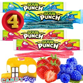 (PACK OF 4) Sour Straws Punch - 4 Extra Large Trays of 2 Flavors - Blue Raspberry and Strawberry - Comes With One Bus Resealable ZipBag - 2oz Each Tray (Strawberry+Blue Raspberry)