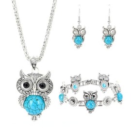 3PCS Retro Owl Jewelry Set Bohemian Turquoise Owl Necklace Earring Bracelet Set Red/Blue/Black/Pink/Purple Crystal Owl Set Owl Pendant Necklace Owl Drop Dangle Earrings Owl Bracelet Set for Women (Blue)