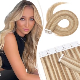 Elailite 20 Pcs Tape Hair Extensions Real Human Hair - Thin Type - Seamless Skin Weft Remy Hair Extension Highlight (#12/613 Golden Brown Mix Bleach Blonde, 14 inches)
