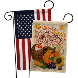 Angeleno Heritage Thanksgiving Cornucopia Burlap Flag Pack Fall Turkey Give Thanks Gobble Pumpkin Season Autumntime Applique House Decoration Banner Small Yard Gift Double-Sided, Made in USA