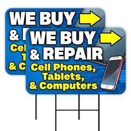 Vista Products We Buy & Repair Cell Phones Tablets & Computers 2 Pack Double-Sided Yard Signs 16" x 24" with Metal Stakes (Made in Texas)