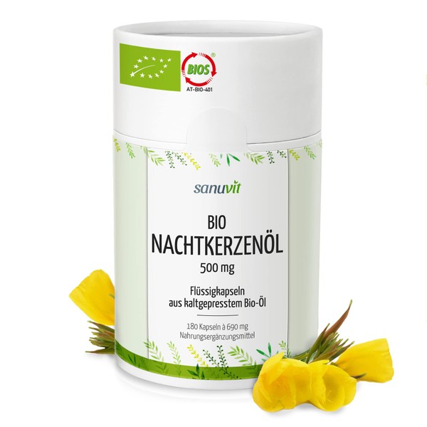 Sanuvit® - Organic Evening Primrose Oil 500 mg | 180 Capsules | Rich in Gamma Linolenic Acid | High Dose | High Bioavailability and Compatibility | Vegan | Made in Austria