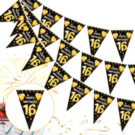 16th Birthday Garland Banner, 16th Birthday Black Gold Pennant Banner, 16th Birthday Bunting Garland, 16 Years for 16th Birthday Hanging Bunting, 16th Birthday Decoration Bunting for Girls Boys