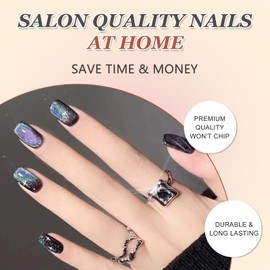 24Pcs Rainbow Cat Eye Press on Nails, French False Nails Short Square, Glitter Glossy Acrylic Full Cover Fake Nails, Reusable Stick on Nails for Women Girls Daily Wear Manicure