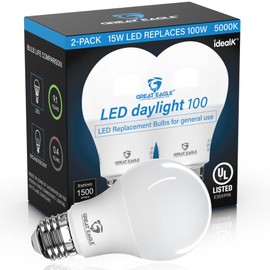 Great Eagle A19 LED Light Bulbs 100 Watt Equivalent - UL Listed - Daylight 5000K LED Light Bulbs, 15W Non-Dimmable, 1500 Lumens (2 Pack)
