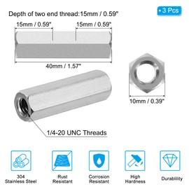 PATIKIL 1/4"-20 UNC 304 Stainless Steel Hex Coupling Nuts, 3Pcs 1.57" Length Half Threaded Rod Coupling Nut Studding Connector Fasteners, Silver Tone