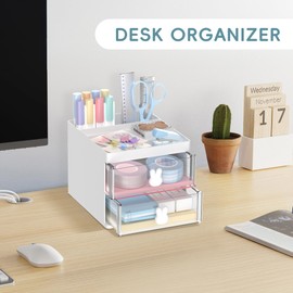 DRQ Desk Organizer with 2 Drawers, Multi-Functional Pencil Pen Holder for Desk Storage with 3 Compartments, Mini Cute Desk Accessories and Organizers for School Home Office Supplies (White)
