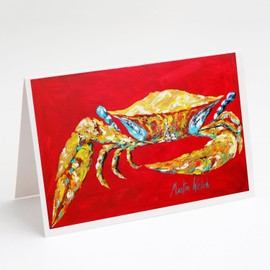 Caroline's Treasures Crab Blue on Red, Sr Greeting Cards Pack of 8 Blank Cards with Envelopes Whimsical A7 Size 5x7 Blank Note Cards