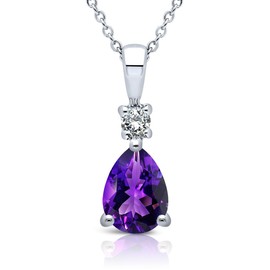 Planetys 375/1000 White Gold Natural Amethyst Pear Cut Gold Amethyst Diamond Necklace, Gold, Diamond Amethyst