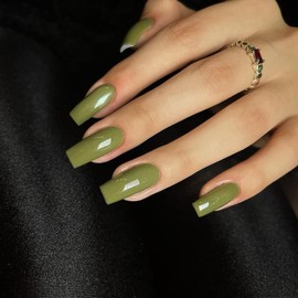 KQueenest Press On Nails Lange Mandel Eckig, Sarg Nägel zum Aufkleben Oliv Grün, Glänzende Jelly-Gel Fake Nails Fingernägel zum aufkleben Ballerina, Einfarbig Acryl Kunstnägel für Frauen, 24 Stück