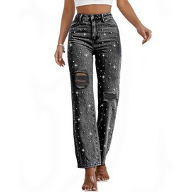 LifeShe Women High Waisted Jeans Boyfriend Baggy Straight Leg Casual Denim Pant Trousers Black