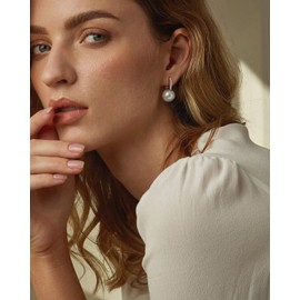 Aobei Pearl Platinum Plated Leverback Hoop Handpicked White Round Shell Pearl Drop Dangle Earring for Women Minimalist Simulated Pearl Ear Jewelry for Wedding Bridesmaids Gift