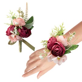 YSOJMAN Wrist Corsage Wristlet and Boutonniere Set for Wedding Bridesmaid Mother Grandmother for Bridal Shower Wedding Artificial Roses Flower Prom Set of 2 (Dousha Red)